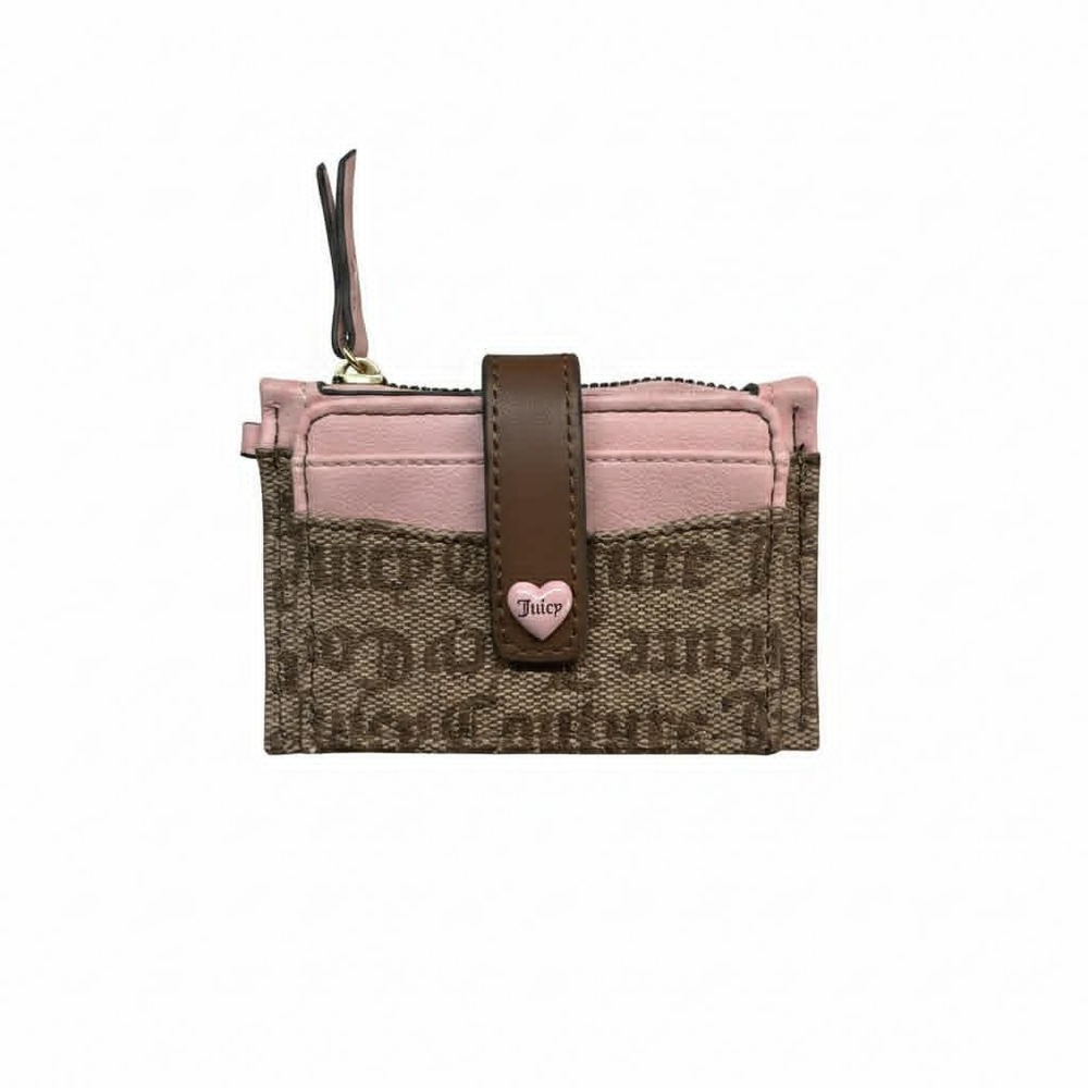 Juicy Couture Card Holder Wallet Brown Monogram Pink Heart Logo ID Window Zipper - Picture 4 of 4